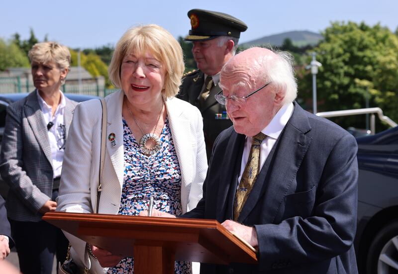 President Michael D Higgins and his wife Sabina attend the service to celebrate the life of Michael Viney. Photograph: Dara Mac Dónaill