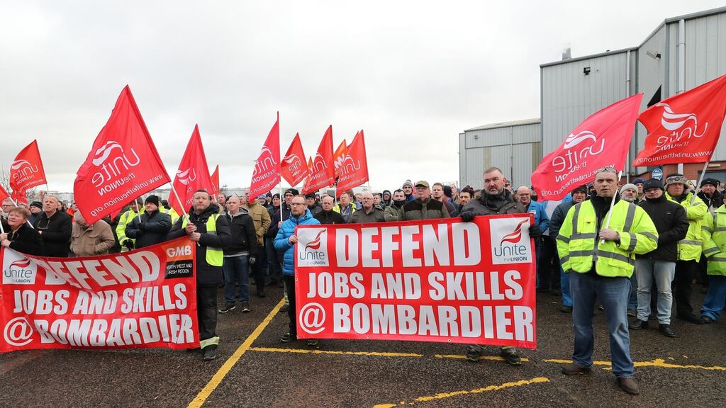 Bombardier workers in Belfast protesting at a US International Trade Commission decision earlier this year to impose tariffs on Bombardier aircraft in the US. Photograph: PA Wire