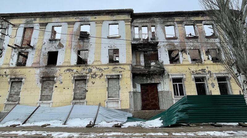 The former police headquarters in Mariupol, southeast Ukraine, which was gutted during fighting for the city in 2014 between pro-Ukraine and pro-Russia groups. Photograph: Daniel McLaughlin