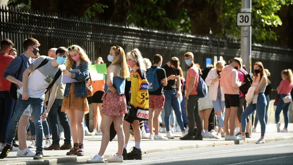 Leaving Cert students protesting outside the Department of Education in Dublin. Photograph: Dara Mac Dónaill