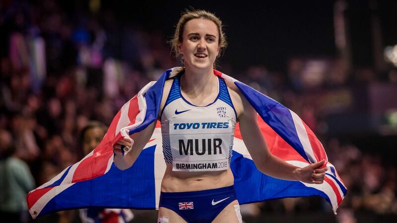 Laura Muir celebrates claiming silver in the Women’s 1,500m Final at the IAAF World Indoor Championships in Birmingham in March 2018. Photograph: Morgan Treacy/Inpho
