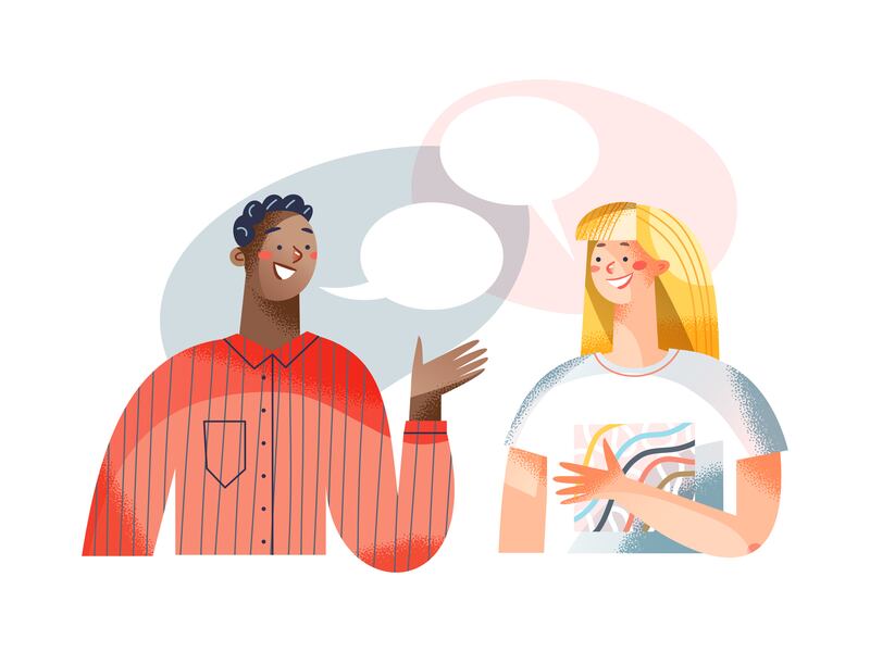 Dialogue of people with speech bubbles vector illustration. Cartoon young man character thinking, talking with woman together in dialog balloons. Chat conversation in social media network concept