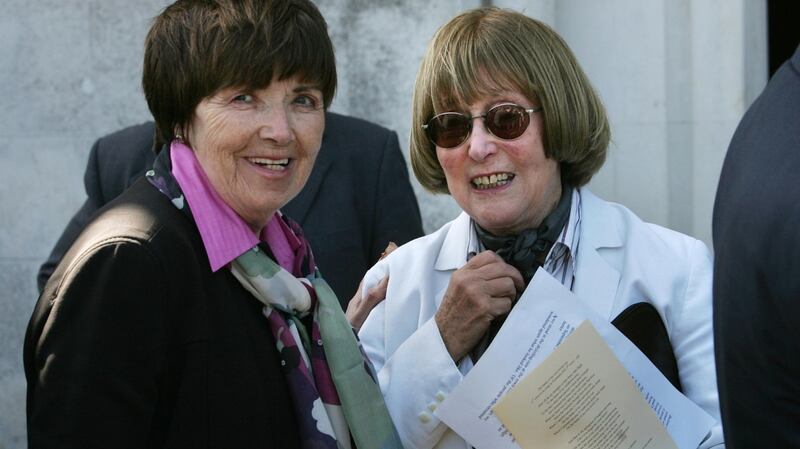Margaret Daly, left, and author Val Mulkerns at the funeral service for David Marcus in the Victorian Chapel, Mount Jerome Crematorium, Harold’s Cross, Dublin in May 2009. Photograph: Matt Kavanagh
