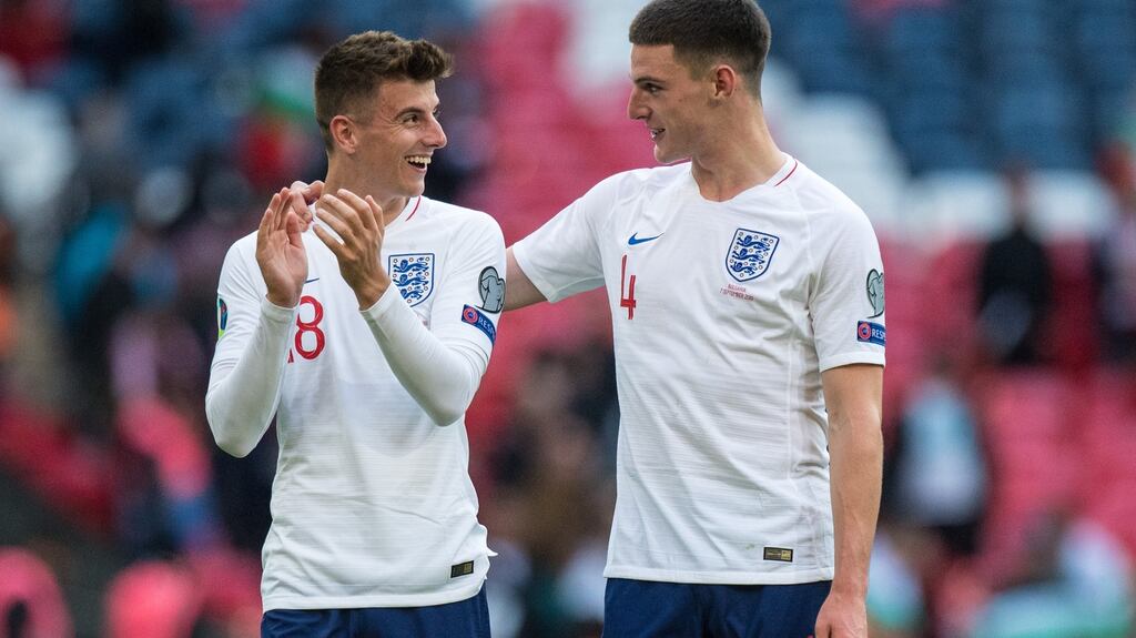 Mason Mount and Declan Rice of England at Wembley after the Euro 2020 win against Bulgaria. They will be on opposite sides on Saturday when their clubs meet at Stamford Bridge. Photograph: Sebastian Frej/MB Media/Getty Images