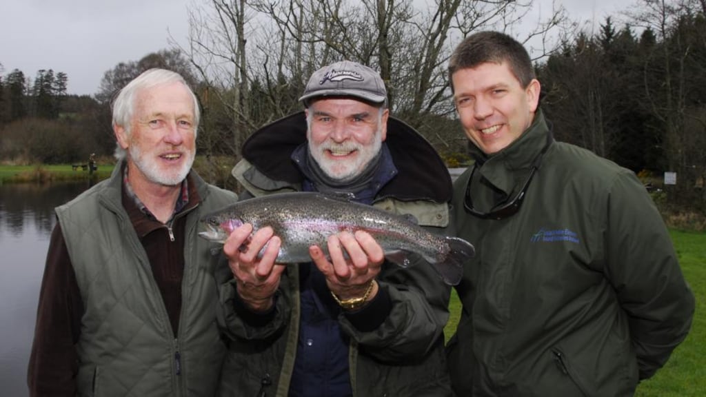 Brian Nally (Annamoe Trout Fisheries, left); Liam Kane (Irish Anglers’ Digest) and Brian Beckett (IFI director) at the media fly-fishing outing in Co Wicklow