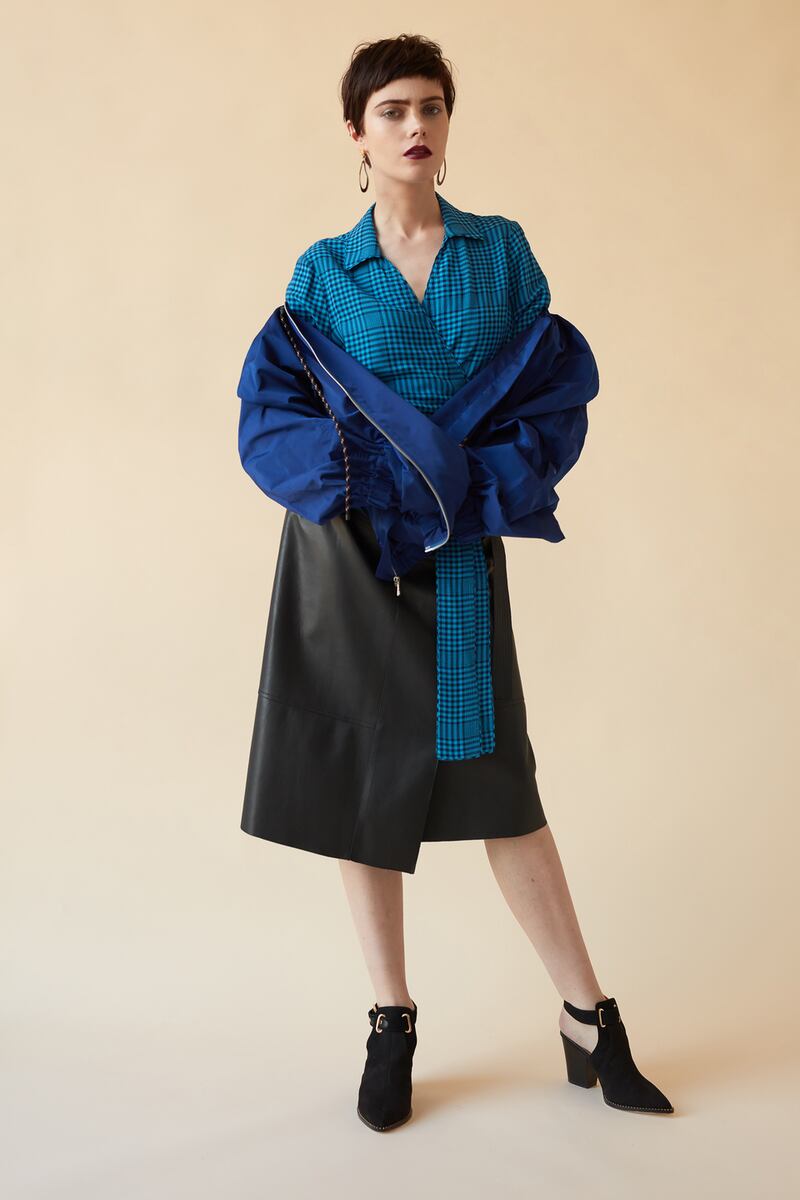 Maisie wrap shirt €100, jacket €1,050 Dries Van Noten, Brown Thomas, skirt €175 Karen Millen, Arnotts, shoes €50 River Island, earrings Om Diva.