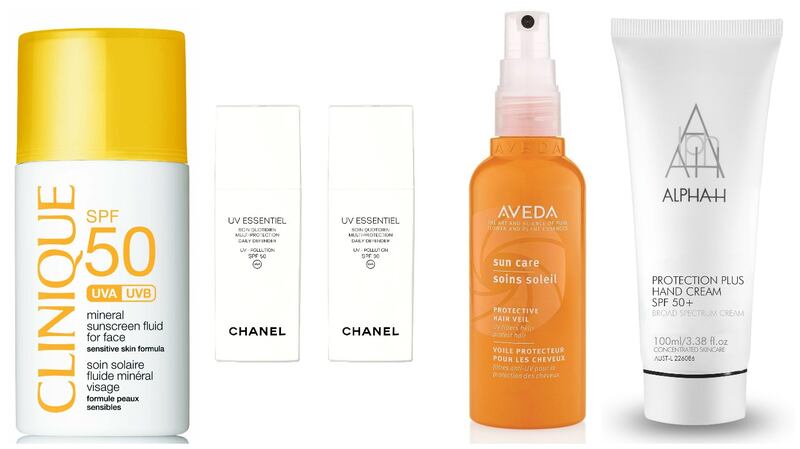 Clinique Mineral Sunscreen Fluid for Face SPF30/50 (€28); Chanel UV Essentiel Multi-Protection Daily Defender U Pollution SPF 30/50 (€53 from May 27th); Aveda Sun Care Protective Hair Veil (€28.50); Alpha H Protection Plus Hand Cream SPF 50+ (€39)
