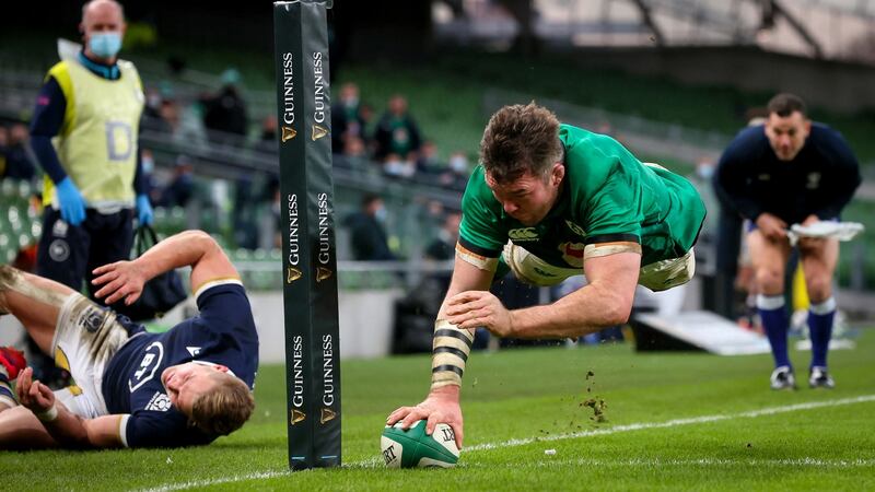 Peter O’Mahony scores a ‘try’ that was later disallowed against Scotland at the Aviva Stadium. Photograph: Gary Carr/Inpho
