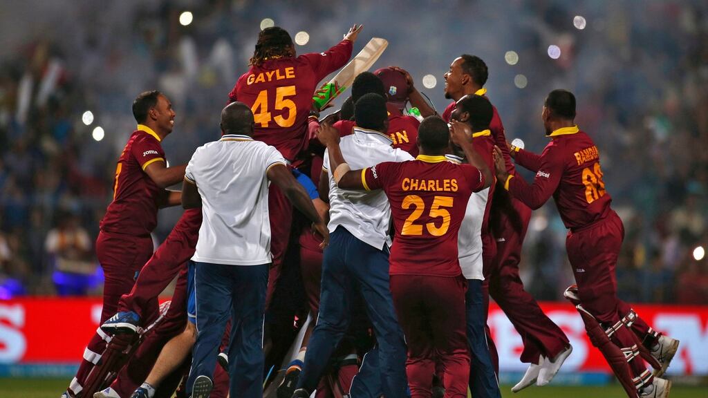 West Indies players celebrate after winning the final of the ICC World Twenty20. Photo: Reuters