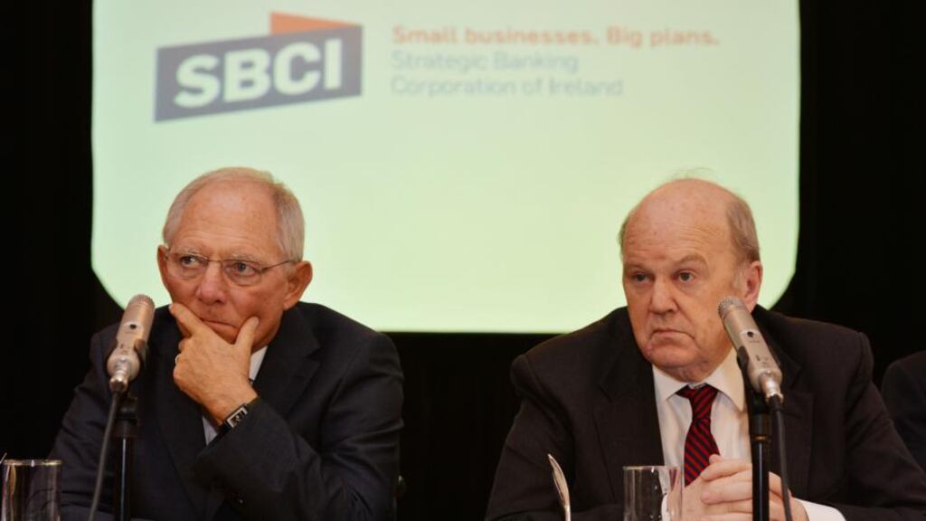 Wolfgang Schäuble, German finance minister, and Minister for Finance Michael Noonan at a press conference announcing the Strategic Banking Corporation of Ireland. Photograph: Alan Betson/The Irish Times.