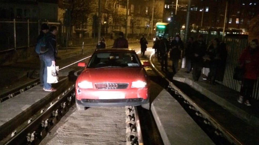 Green Line Luas was disrupted by a car on the track near Charlemont station. Photograph: Paul O’Neill/The Irish Times