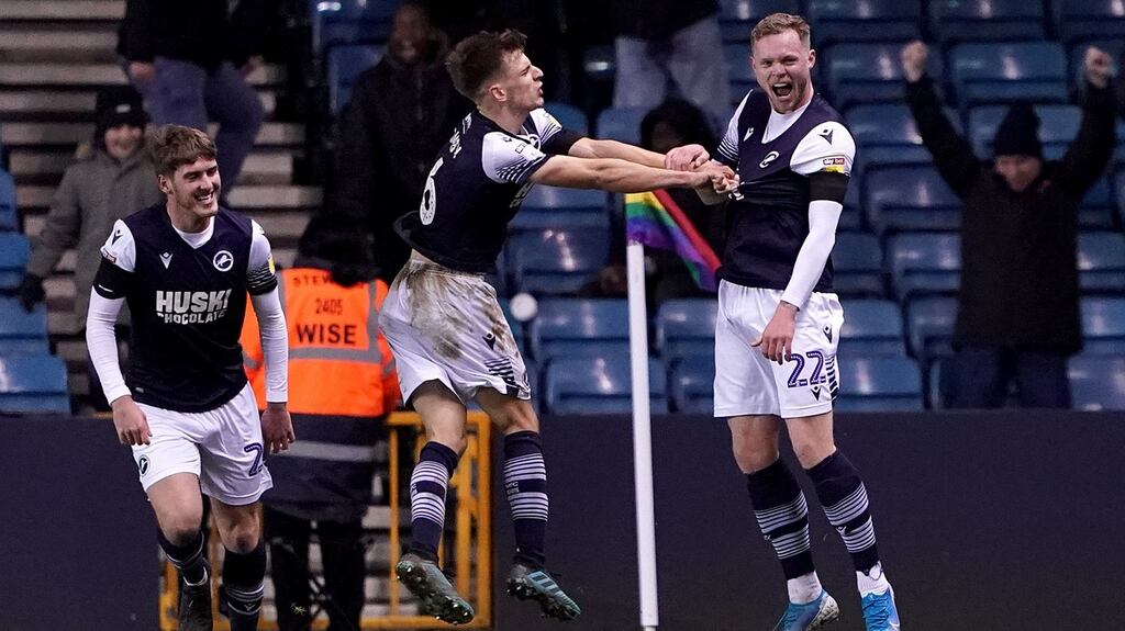 Millwall’s Aiden O’Brien (right) celebrates scoring his side’s late equaliser in the Sky Bet Championship match against Nottingham Forest at The New Den. Photograph: Tess Derry/PA Wire