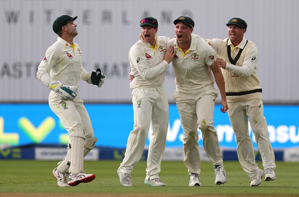 Cameron Green of Australia celebrates catching out Ben Duckett of England from the bowling of Pat Cummins of Australia which was caught by during Day Three of Ashes 1st Test at Edgbaston in Birmingham, England. Photograph: Ryan Pierse/Getty Images