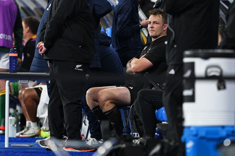 Sam Cane of New Zealand looks dejected after an initial yellow card was upgraded to a red card following a TMO review during the World Cup final defeat to South Africa in Paris. Photograph: David Ramos/World Rugby/via Getty Images