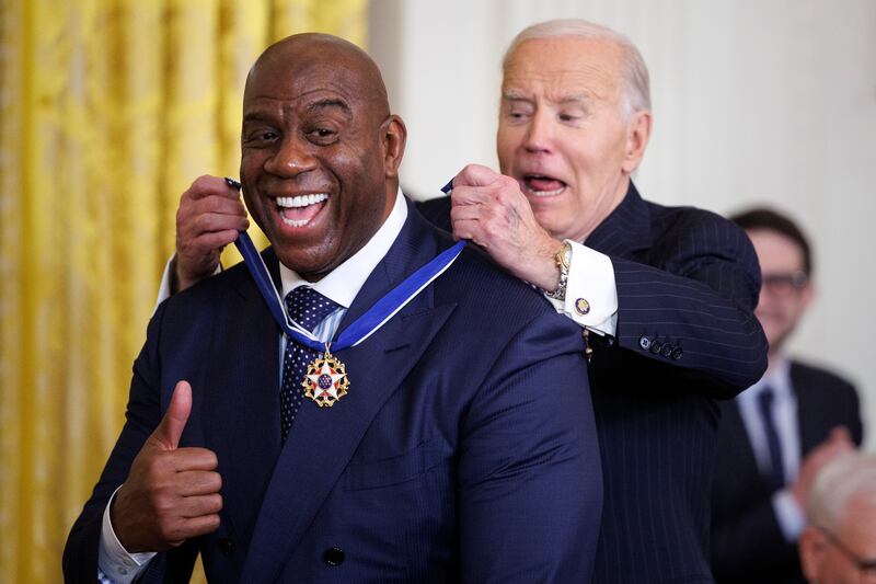 Former NBA player Earvin 'Magic' Johnson receives the Presidential Medal of Freedom from US president Joe Biden in the East Room of the White House in Washington DC last weekend. Photograph: Tom Brenner/Getty
