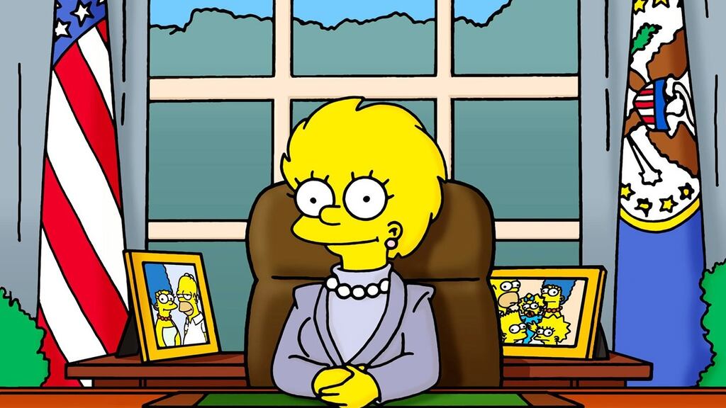 Lisa Simpson as US president. On her first day, she informs her new cabinet that they may have to raise taxes due to a fiscal hole left by her predecessor, President Trump.