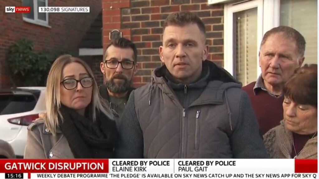 Paul Gait and Elaine Kirk speaking outside their home in Crawley, West Sussex. Photograph: Sky News/PA Wire