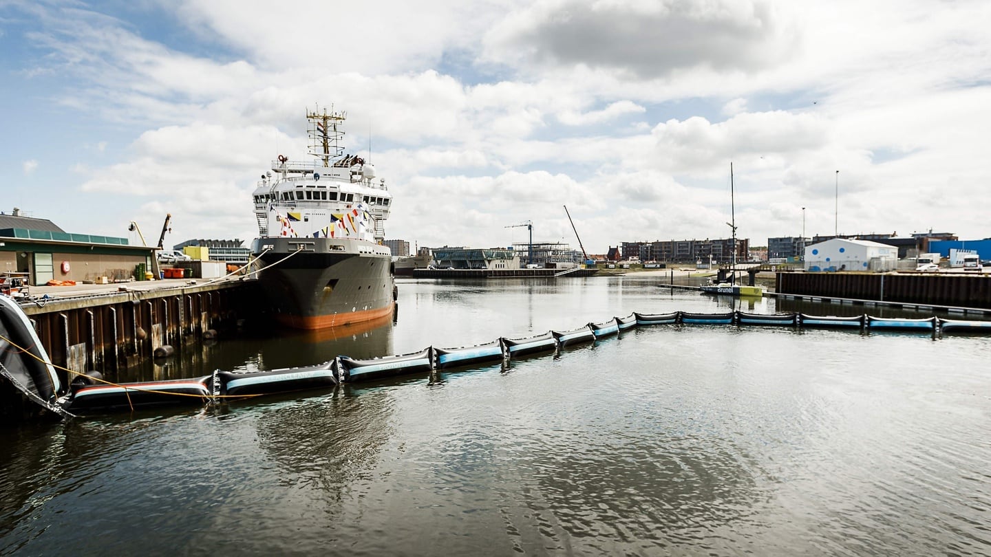 The prototype of The Ocean Cleanup project is pictured during its unveiling in Scheveningen. Photograph: REMKO DE WAAL/AFP/Getty Images