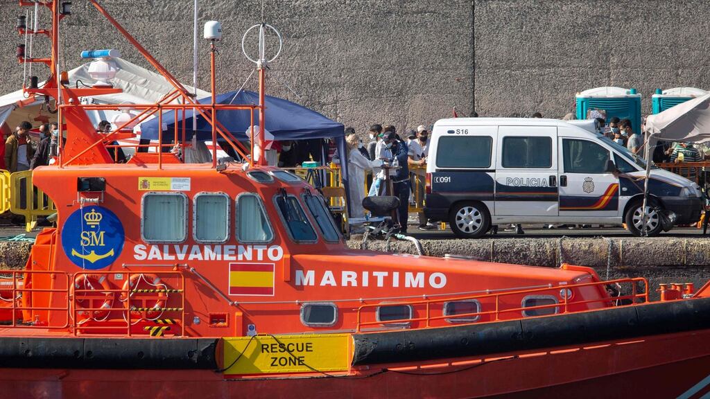Migrants in the port of Arguineguín being cared for on the Spanish Canary island of Gran Canaria, in November 2020. Photograph: Desiree Martin/AFP via Getty