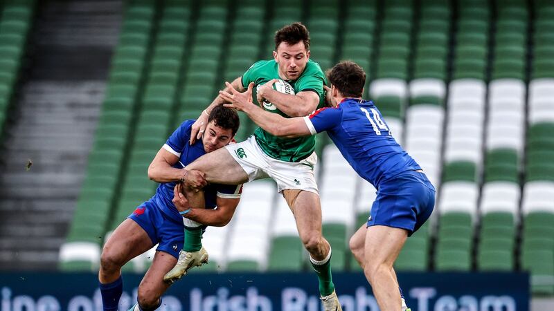 Ireland’s Hugo Keenan is tackled by Arthur Vincent and Damian Penaud of France during their Six Nations match at the Aviva Stadium on Sunday. Photograph: Dan Sheridan/Inpho