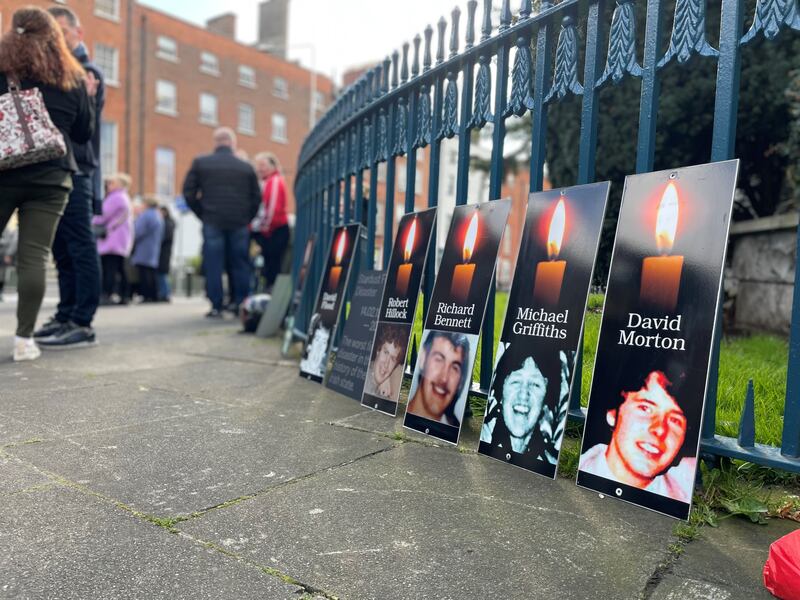 Relatives of the young people killed in the Stardust fire gather at the Garden of Remembrance in Dublin in advance of the first day of the inquest. Photograph: David Young/PA