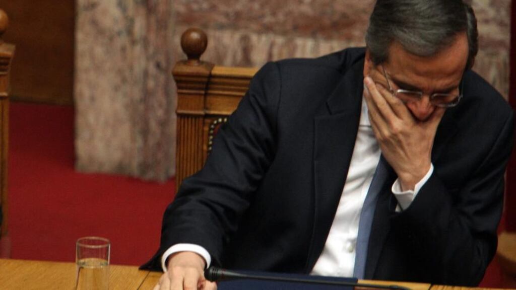 Greek prime minister antonis Samaras contemplates the result in the third round of the Greek presidential election in the Parliament in Athens. Photograph: Alexandros Vlachos/EPA