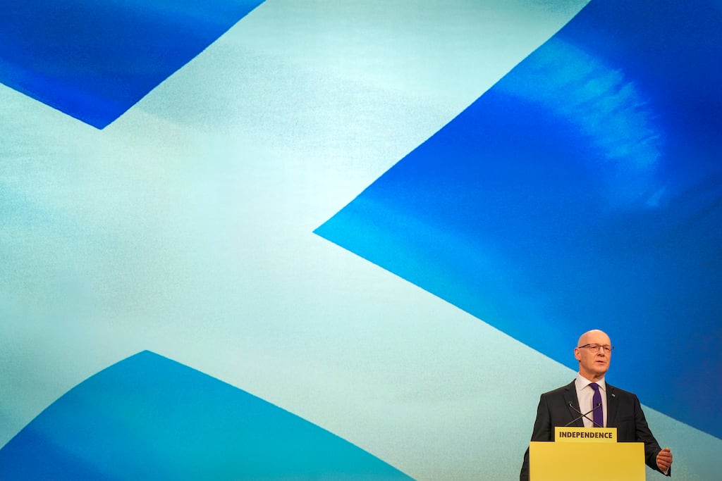 First Minister of Scotland John Swinney, delivers his keynote speech at the SNP annual conference at the Event Complex Aberdeen (TECA). Picture date: Monday October 13, 2025. PA Photo. Photo credit should read: Jane Barlow/PA Wire
