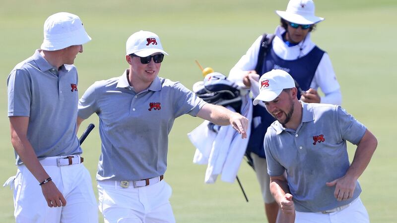 Barclay Brown, Mark Power, and Alex Fitzpatrick during a practice round on Wednesday. Photo: Sam Greenwood/R&A/R&A via Getty Images