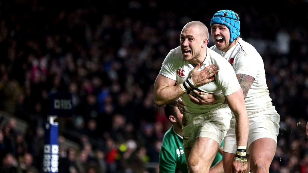 Mike Brown of England celebrates scoring a try against Ireland. Photograph: Andrew Fosker/Inpho