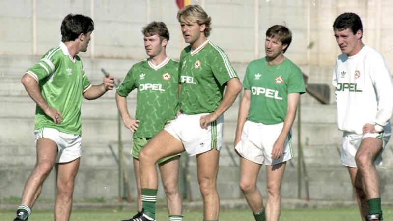 The Republic of Ireland Squad at the 1990 World Cup in Italy. The four players on the right are John Sheridan, John Byrne, Ronnie Whelan and Frank Stapleton. Photograph: Peter Thursfield