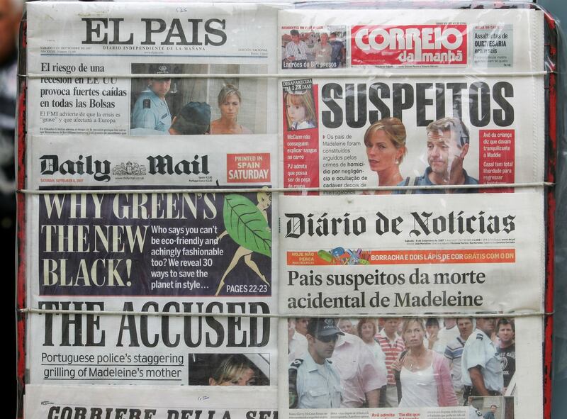 LISBON, PORTUGAL - SEPTEMBER 08: European newspapers covered with the Madeleine McCann story are displayed on a newstand on September 8, 2007 in Lisbon, Portugal. The McCanns are under official investigation by the Portuguese Police in the continuing investigation. (Photo by Mike Hewitt/Getty Images)