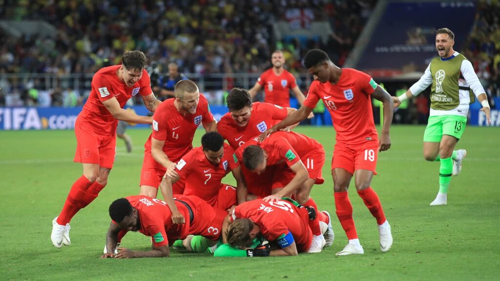 England players celebrate after beating Colombia in a penalty shootout in their 2018 World Cup last 16 clash at the Spartak Stadium. Photo: Adam Davy/PA Wire