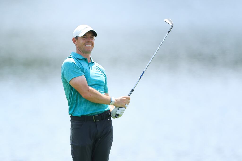 Rory McIlroy plays his approach on the eighth hole during the second round of the Tour Championship at East Lake in Atlanta. Photograph: Sam Greenwood/Getty Images