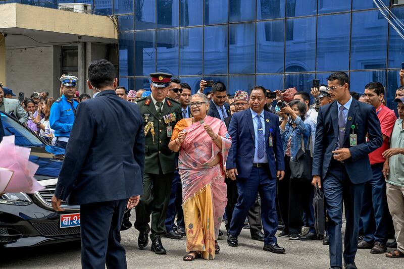 Nepal's interim prime minister Sushila Karki (centre) in Kathmandu on September 14th. Photograph: Atul Loke/The New York Times