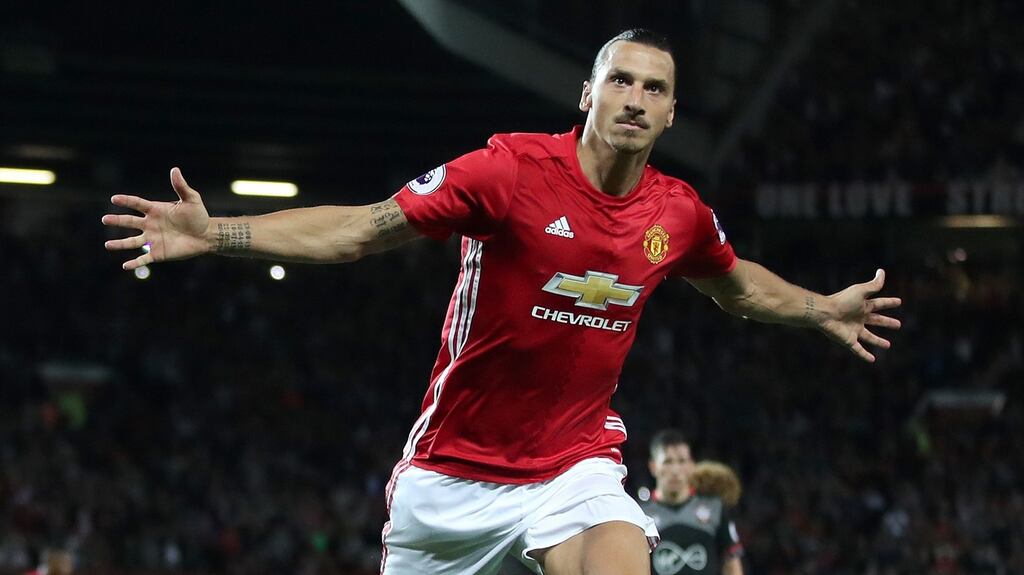 Manchester United’s Zlatan Ibrahimovic celebrates scoring his side’s second goal of the game from the penalty spot. Photograph: PA