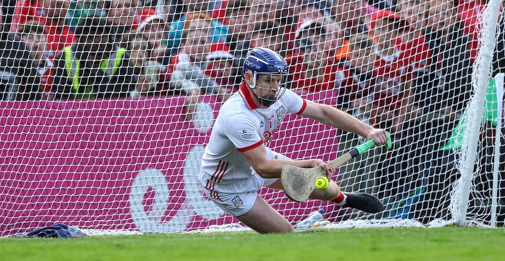 Patrick Collins saves a penalty to secure victory for Cork in Saturday's Munster SHC final at the Gaelic Grounds. Photograph: James Crombie/Inpho