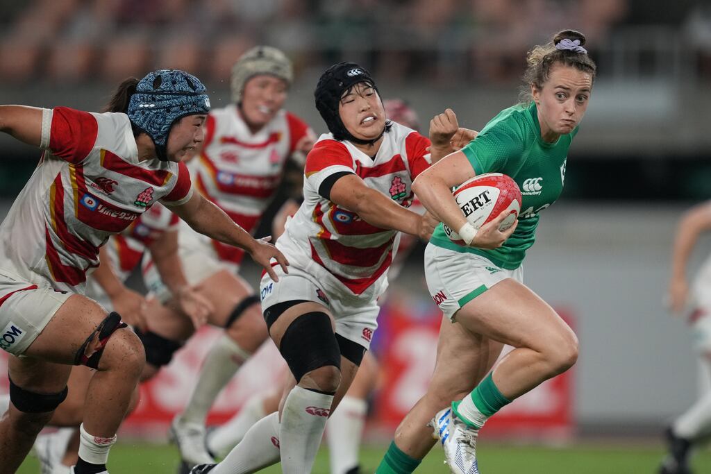 Ireland's Molly Scuffil-McCabe runs in for a try on the Ecopa Stadium, Shizuoka, Japan. Photograph: Akito Iwamoto/Inpho