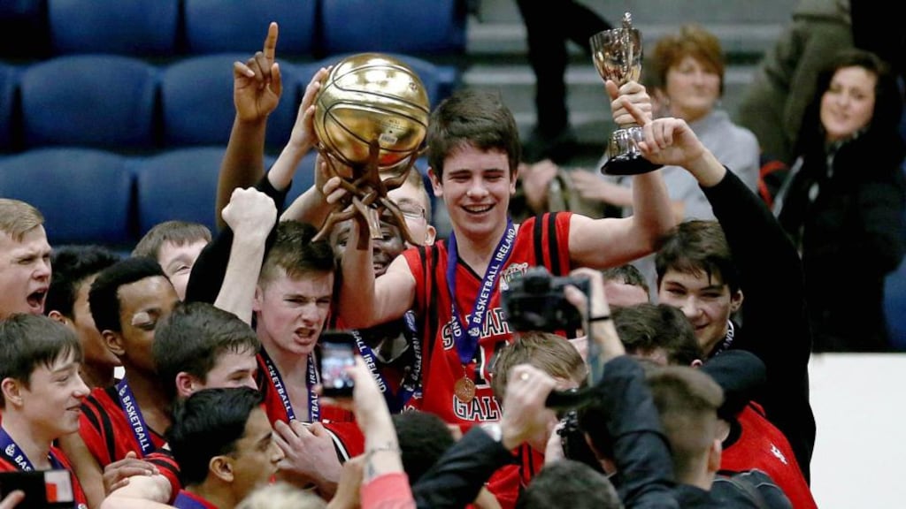 U19B Boys All Ireland Final St. Vincents Glasnevin vs Saint Mary’s College Galway - Mary’s captain Sean Kelly holds up the trophy and MVP trophy. Photograph: Donall Farmer/Inpho