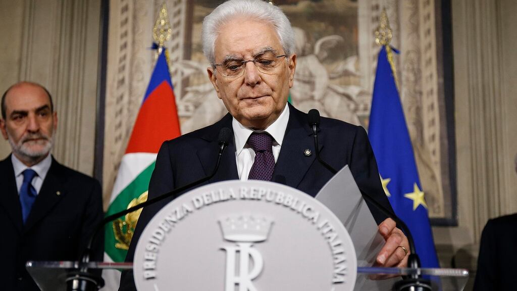 Italian president Sergio Mattarella: blocked a proposal by Five Star and League to nominate eurosceptic economist Paolo Savona as finance minister. Photograph: Fabio Frustaci/AP