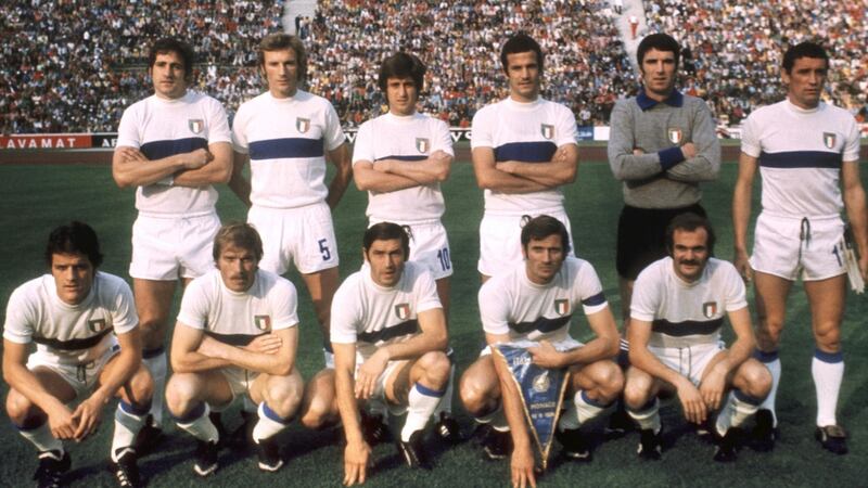 The Italian side for their clash with Haiti on June 15th 1974 (back row, left-right): Giorgio Chinaglia, Francesco Morini, Gianni Rivera, Luciano Spinosi, Dino Zoff, Luigi Riva; Fabio Capello, Romeo Benetti, Tarcisio Burgnich, Giacinto Facchetti, Alessandro Mazzola. Photograph: Staff/AFP