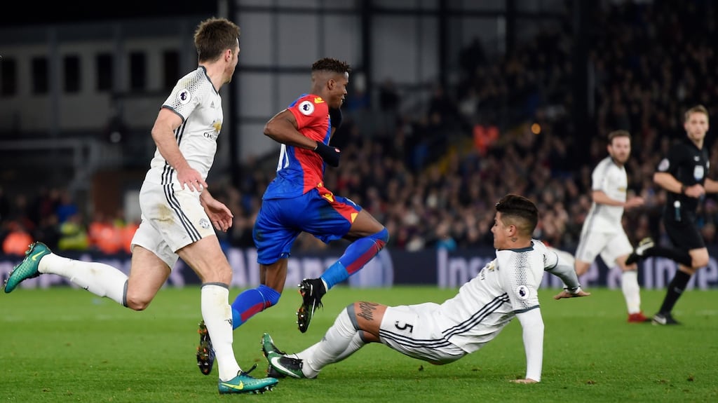 Manchester United defender Marcos Rojo’s two-footed lunge at Wilfried Zaha yielded a yellow card but many considered that to be too lenient for such a dangerous tackle. Photograph: Tony O’Brien/Reuters