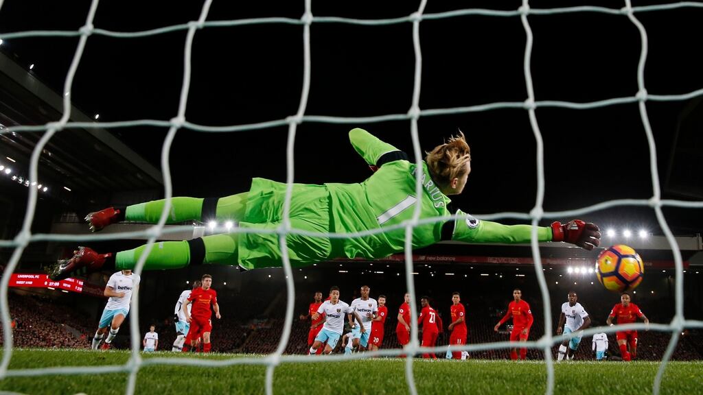Liverpool’s Loris Karius fails to keep out Dimitri Payet’s free kick at Anfield on Sunday. Photograph: Lee Smith/Reuters