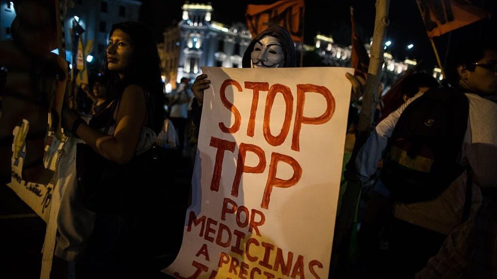 A protest against the Trans-Pacific Partnership (TPP) in Lima, Peru: accord covers Australia, Brunei, Canada, Chile, Japan, Malaysia, Mexico, New Zealand, Peru, Singapore and Vietnam.
