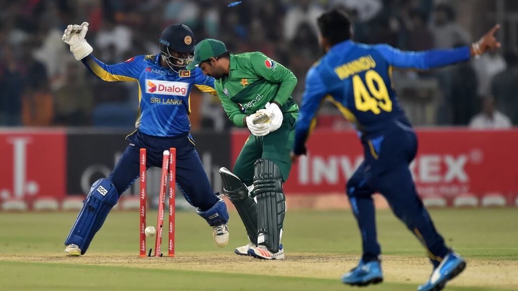 Pakistan’s captain Sarfraz Ahmed is bowled during a T20 against Sri Lanka in Lahore in October. Photograph: Arif Ali/AFP/Getty