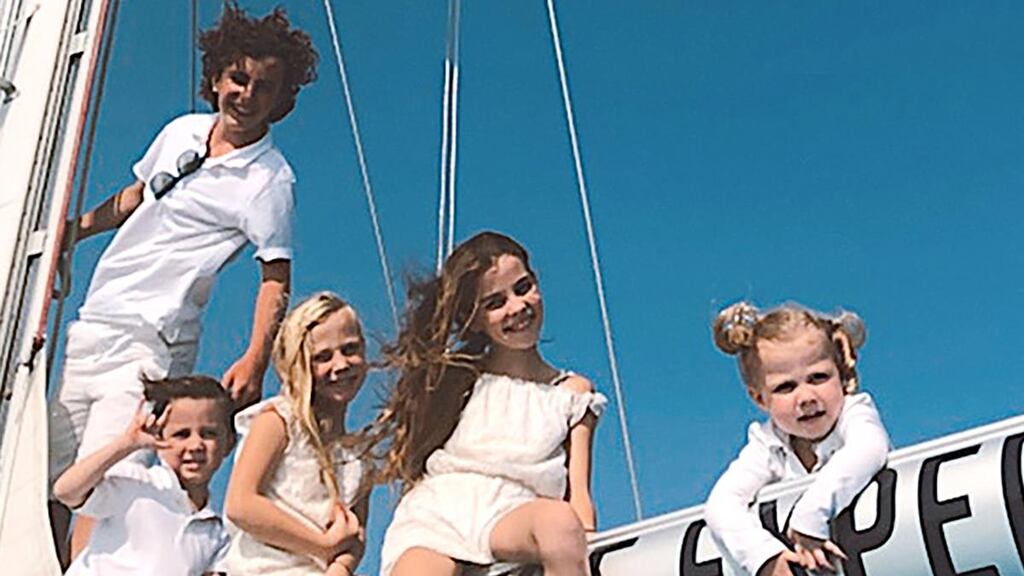 The Chapman children from the boat they live and learn on, in Cabo, Mexico, photographed via Facetime. Photograph: Tayler Smith/The New York Times