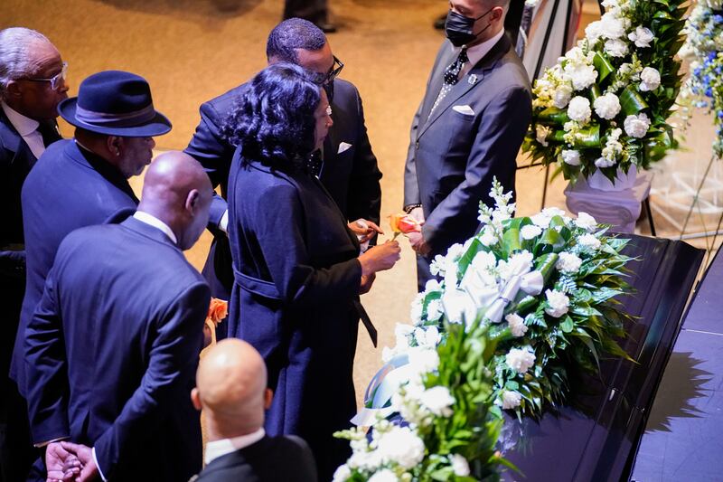 RowVaughn Wells in front of the casket of her son Tyre Nichols at his funeral service at Mississippi Boulevard Christian Church in Memphis, Tennessee. Photograph: Andrew Nelles-Pool/Getty