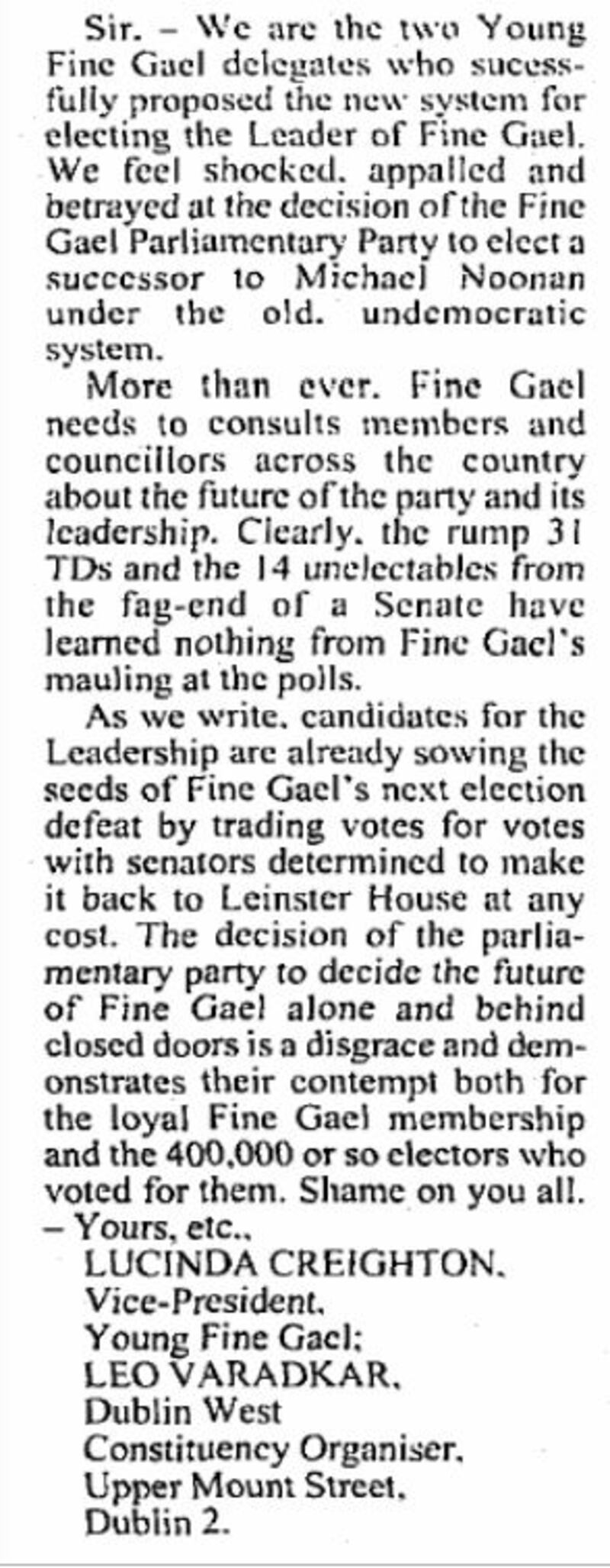 ‘Shame on you all’: Varadkar told the Fine Gael party in April 2002