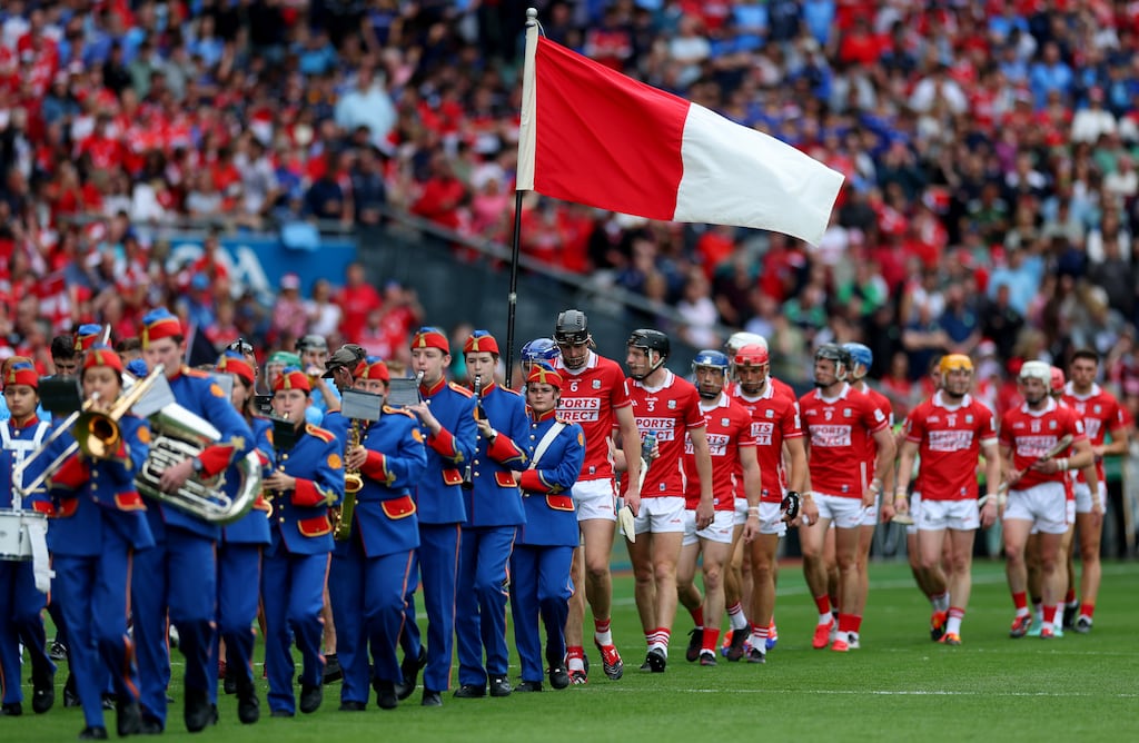 Cork players in the pre-match parade before seeing off Dublin in the All-Ireland SHC semi-final at Croke Park. Photograph: James Crombie/Inpho