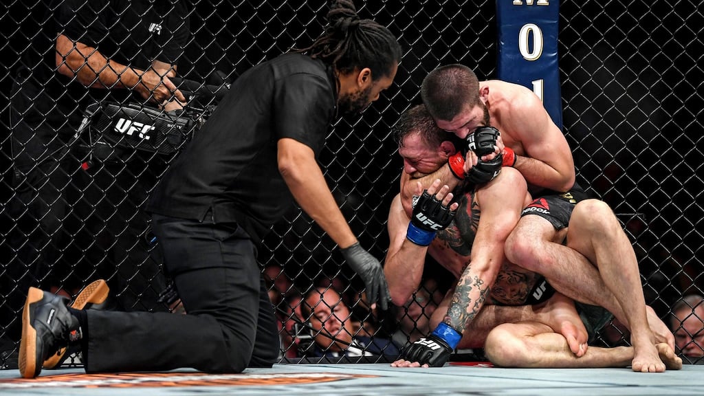 habib Nurmagomedov submits Conor McGregor in the fourth round to win in Las Vegas. Photograph: Inpho