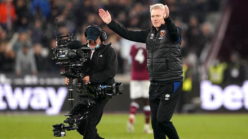 West Ham United manager David Moyes celebrates after victory over Liverpool. Photograph: Zac Goodwin/PA